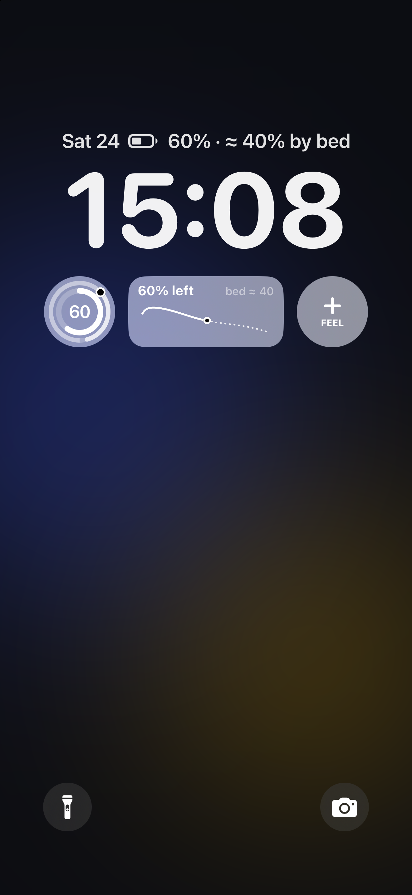 An iPhone Lock Screen with Wane widgets: the day dial, today's curve, and the battery line above the clock.
