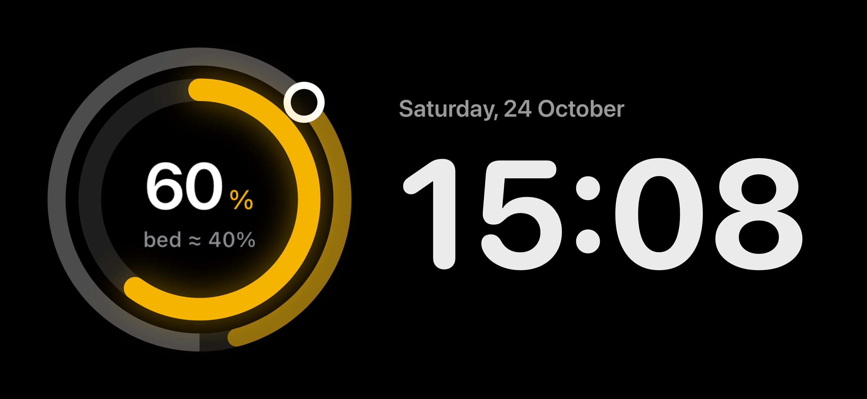 An iPhone in StandBy showing Wane's day dial next to the clock.