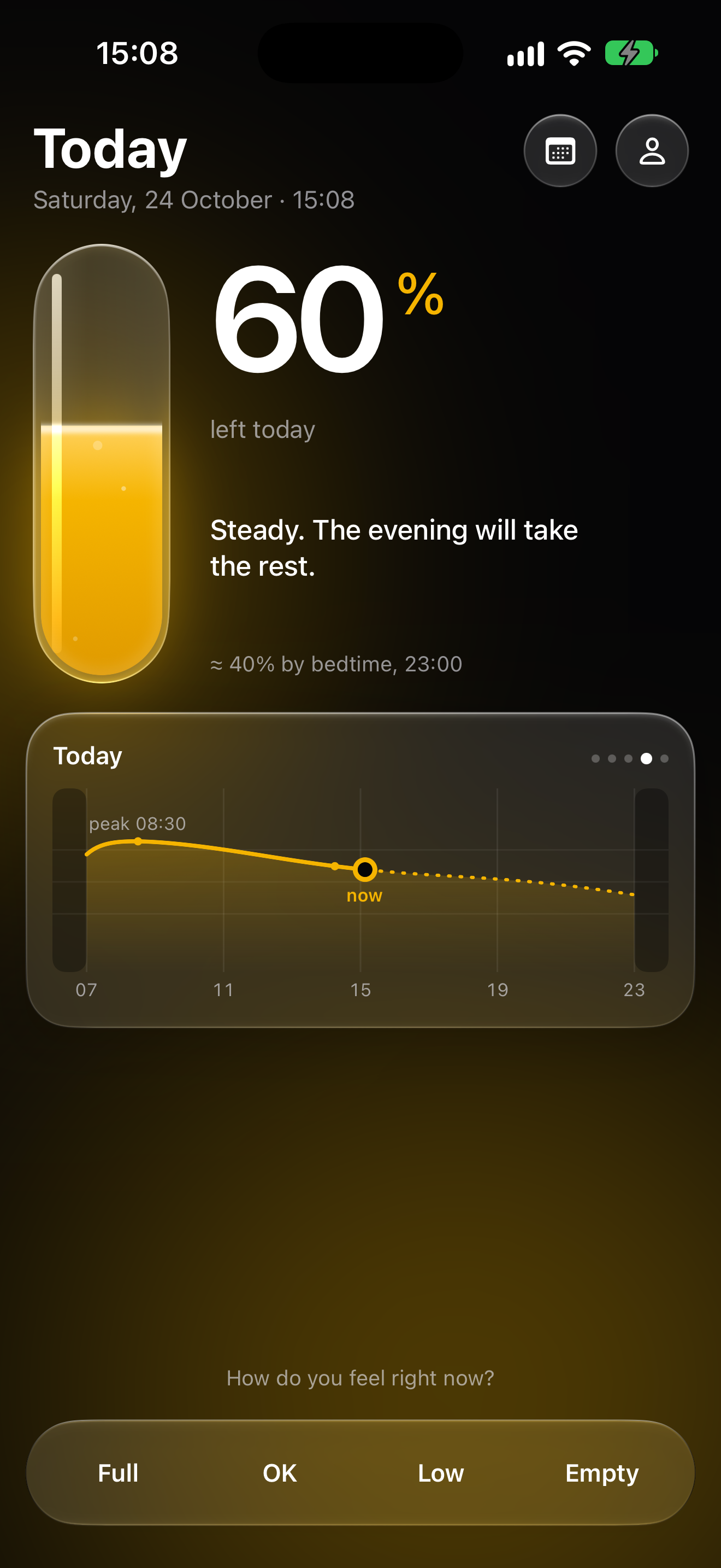 Wane's Today screen: the glass tube of light with the charge, today's curve, and the Full, OK, Low, Empty dock.